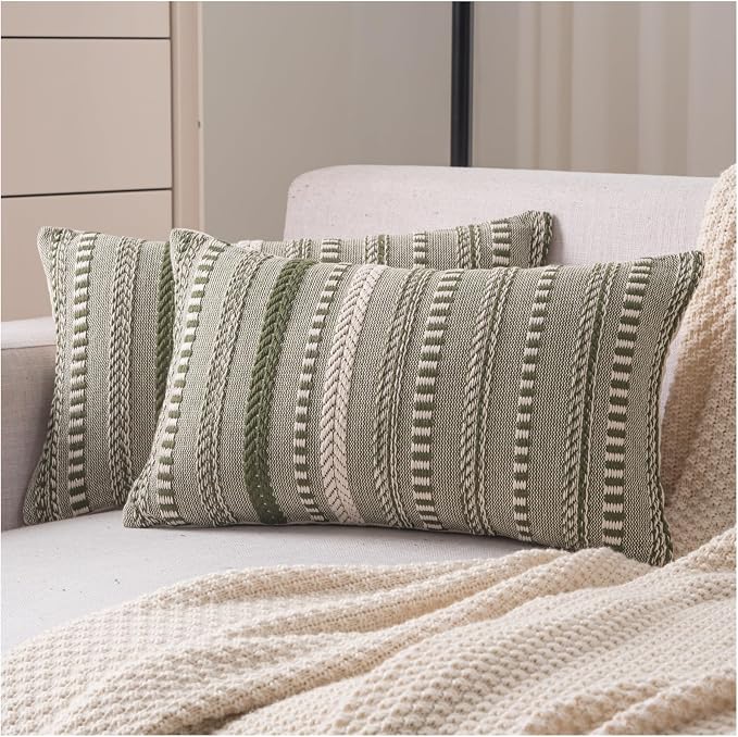 Cethom Boho Throw Pillow Covers 12x20 Inch Set of 2, Farmhouse Decorative Couch Pillow Cases, Green Accent Pillows of Bed, Sofa Bedroom Living Room Home Decor Cushion Cover