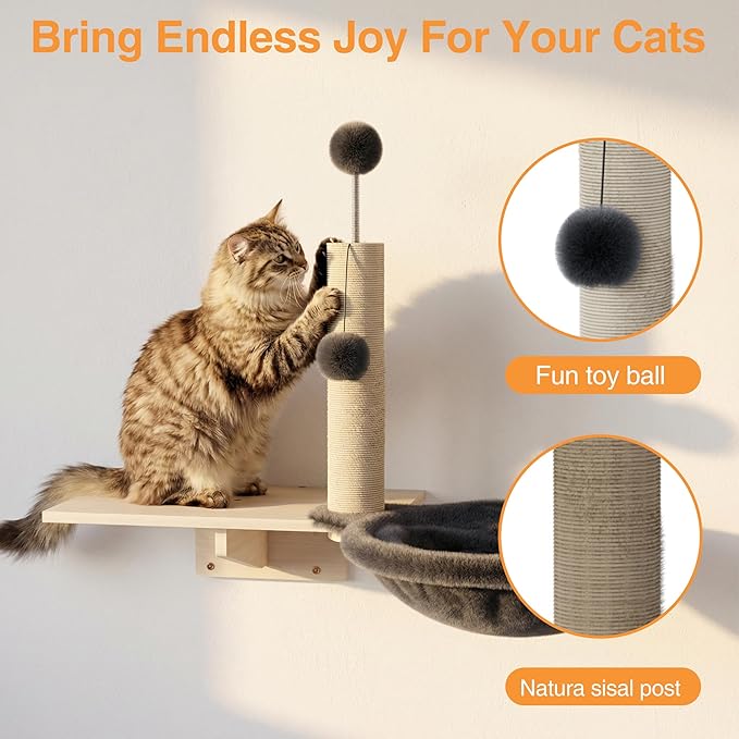 Cat Wall Shelves, 8-Piece Modern Wall-Mounted Cat Furniture Includes House, Bridge, Steps, Scratcher, Perch & Lounge for Indoor Cats, Space-Saving Wall Mounted Cat Shelves for Play & Rest