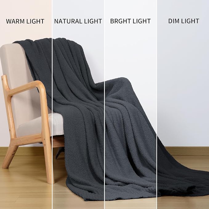 Dark Grey Black Fuzzy Knitted Blanket, Soft Lightweight Plush Queen Size Blanket for Bed, Cozy Nights, Charcoal Grey, 90x90