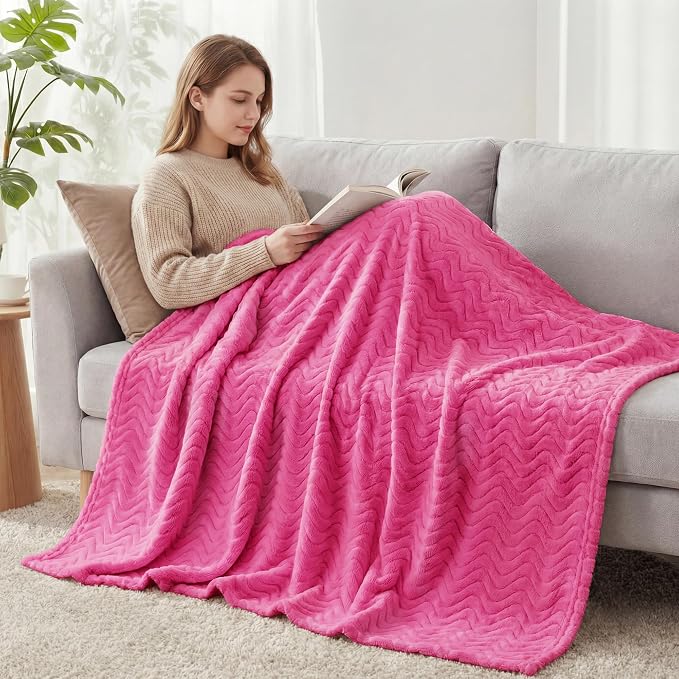 Exclusivo Mezcla Soft Fleece Blanket King Size for Bed, Sofa, Hot Pink | 90"x104" Breathable Lightweight Flannel Blanket for Summer, Plush Cozy Jacquard Wave for Home Decor