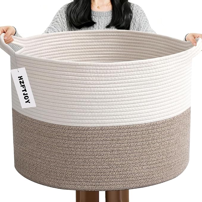 90L Woven Blanket Basket,Extra Large Laundry Basket-White & Brown | Collapsible Nursery Storage Bin with Sturdy Handles, Organizes Clothes, Toys and Pillows for Living Room, Bedroom, Bathroom