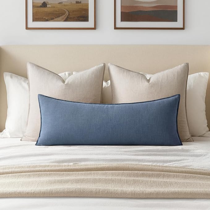 MIULEE Decorative Linen Lumbar Pillow Cover 14x36 Inch Blue Ashes | Boho Farmhouse Couch Long Throw Pillow for Bed, Pack of 1 Accent Coastal Modern Pillowcase, Sofa Livingroom Home Decor