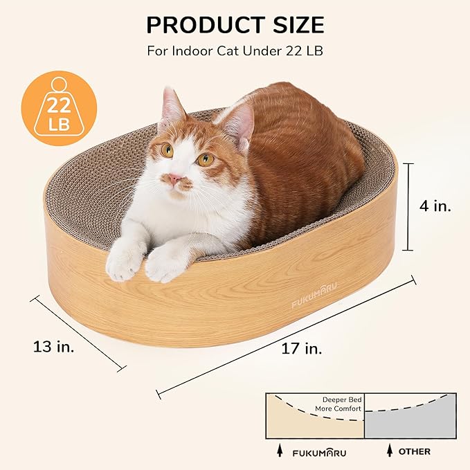 FUKUMARU Cardboard Cat Scratcher Bed, 2-in-1 Oval Cat Scratch Pad | Cats Scratching Board Lounge Bed Indoor, Durable Modern Kitty Scratcher Bowl, Cats Scratch Furniture Protector, Wood Color