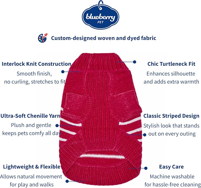 Blueberry Pet Cozy Soft Chenille Classy Striped Dog Sweater in Hot Pink, Back Length 14", Pack of 1 Clothes for Dogs