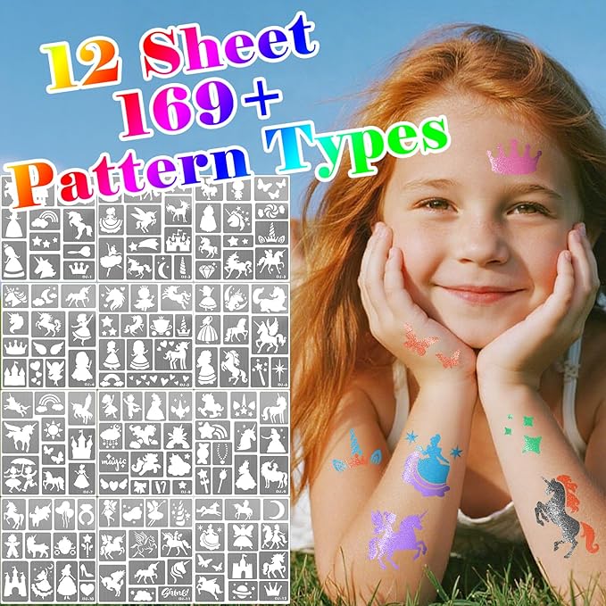 Unicorn Temporary Tattoo Markers for Skin, 8 Metal Body Markers + 169 Large Princess Rainbow Tattoo Stencils for Kids Adults, Cosmetic-Grade Tattoo Ink, DIY Body Art Party Favors for Women Men