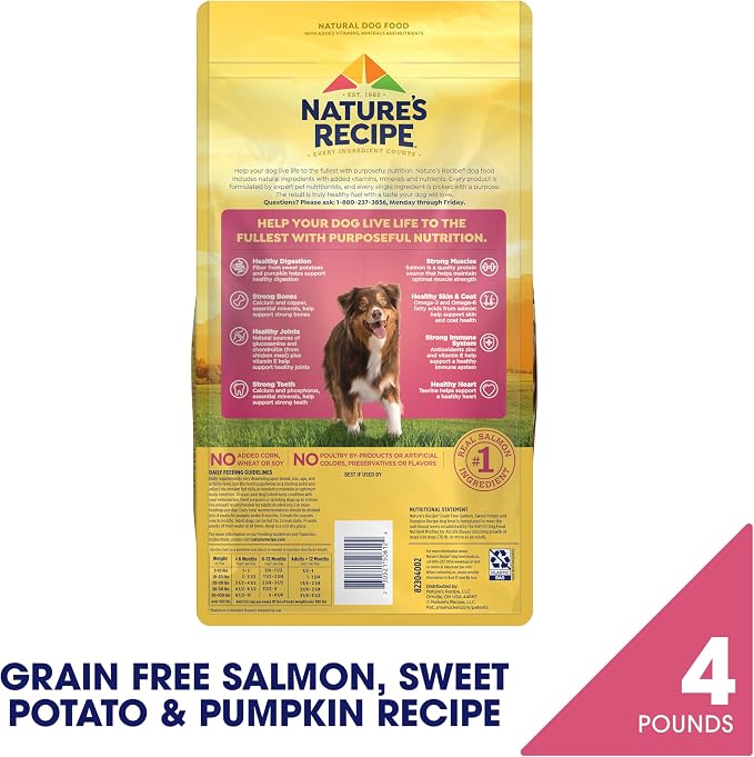 Nature's Recipe Grain Free Easy to Digest Salmon, Sweet Potato and Pumpkin Recipe Dry Dog Food, 4-Pound | Fiber From Sweet Potatoes & Pumpkin Helps Support Digestion and Immune System Health