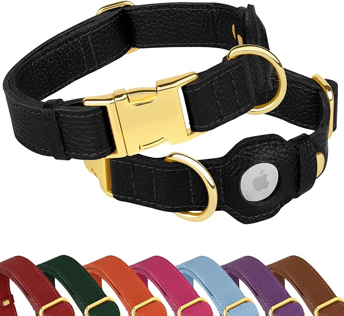 Leather Airtag Dog Collar - Soft Tracking Dog Collar with Apple AirTag Holder and Metal Buckle - Safety GPS Pet Collars for Small Medium Large Dogs Puppy Pink Red (Black, S, 12"-15" Neck Fit)