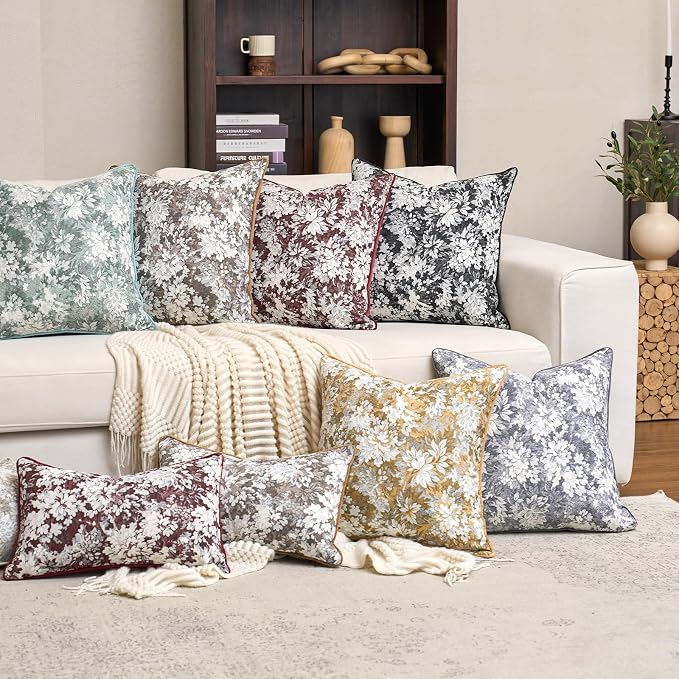 Alerfa Black Neutral Floral Pillow Cover 18 x 18 Inch, Vintage Chenille Square Couch Pillow Cover Soft Decorative Farmhouse Accent Pillowcase for Living Room Bedroom