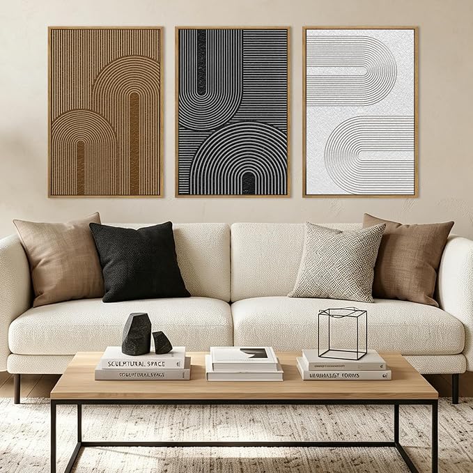 Extra Large Abstract Modern Wall Art Framed Dark Wall Painting Neutral Print Decor for Living Room Bedroom 24x36 Inches Set of 3