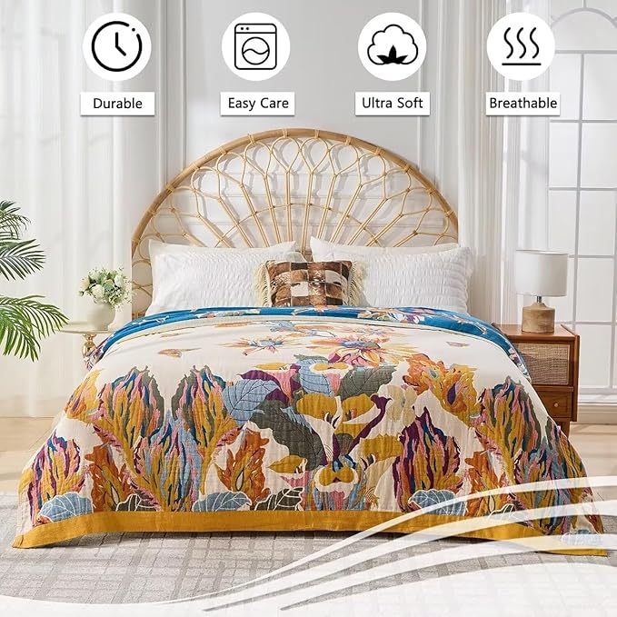 Boho Throw Blanket Farmhouse Decor Throw Blanket Bohemian Blanket for Bed 100% Cotton Muslin Woven Couch Blanket All Seasons Quilt Bedroom (D-Yellow, 80"x90")
