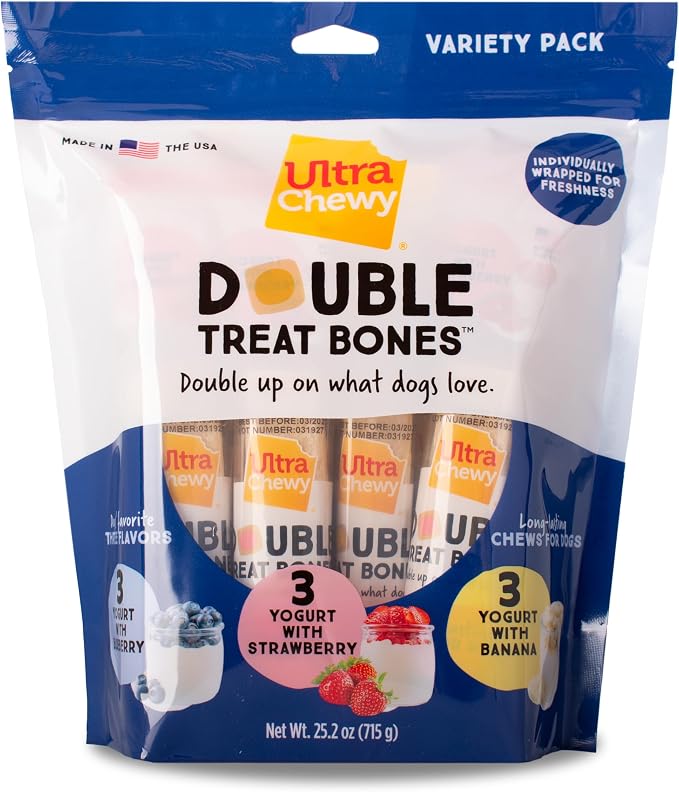 Ultra Chewy Yogurt Double Treat Bones, Strawberry Blueberry Banana | Long-Lasting, Made in USA, Large and Small Breeds, Highly Digestible, 2 Packs