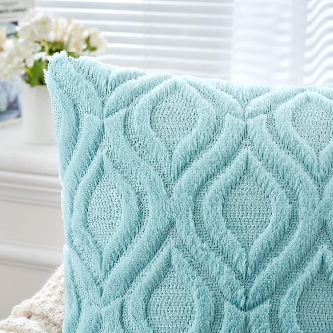 MIULEE Sky Blue Soft Plush Faux Wool Throw Pillow Covers 20x20 | Set of 2, Farmhouse Boho Home Decor, Decorative Cushion Covers for Sofa, Living Room, Bed