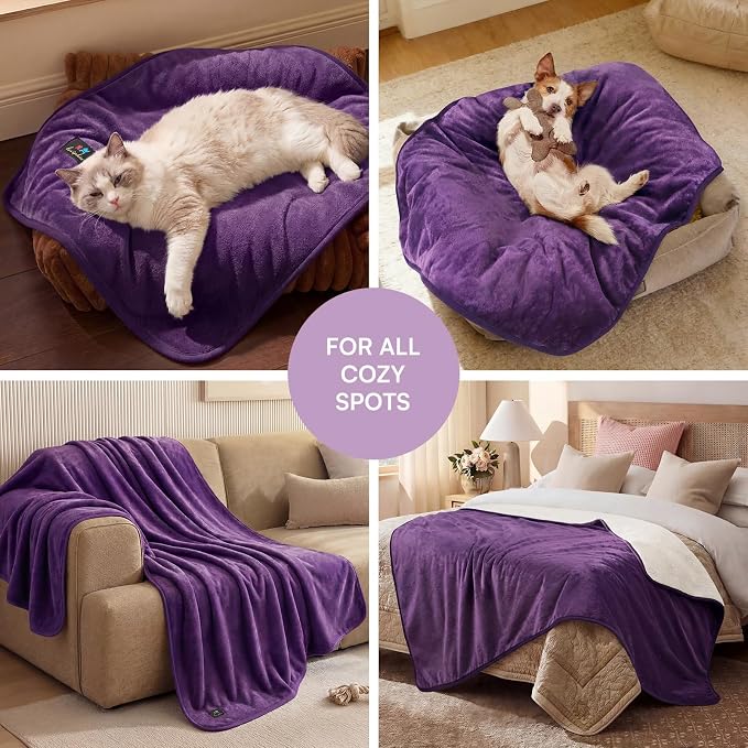 Luciphia Waterproof Pet Blanket, Washable Reversible Sherpa Fleece Throw | Liquid-proof furniture protector for bed and couch, soft reversible sherpa fleece for dogs, cats purple, M