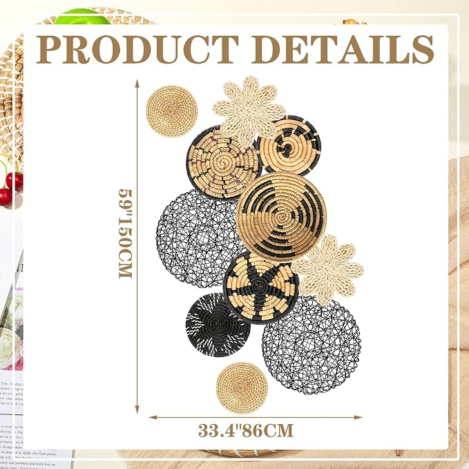 Tatuo 11 Pcs Boho Wall Basket Decor Bulrush Woven Wall Hanging Art Round Farmhouse Rustic Handmade Wicker for Summer Home, Bedroom, Living Room, Kitchen Decorations, Multi Sizes(Fresh)