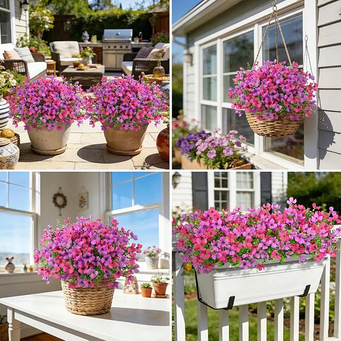 16 Pcs Artificial Flowers for Outdoors Decor, Purple & Rose Red | Realistic, silk flowers, faux plastic plants, UV resistant, for summer garden porch window vase indoor outdoor home decor