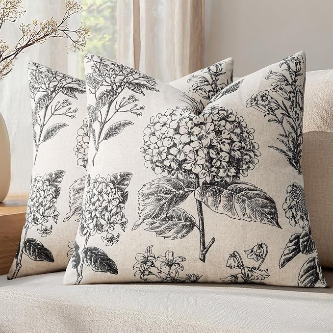 Set of 2 Decorative Floral Pillow Covers 22x22 Inch Black | Neutral Hydrangea Print, Boho Vintage Throw Cushion Covers, Cottagecore Home Decor, for Sofa Couch Porch Bedroom Living Room