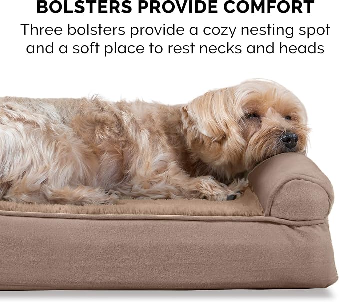 Furhaven Cooling Gel Dog Bed for Large/Medium Dogs w/ Removable Bolsters & Washable Cover, For Dogs Up to 55 lbs - Plush & Suede Sofa - Almondine, Large