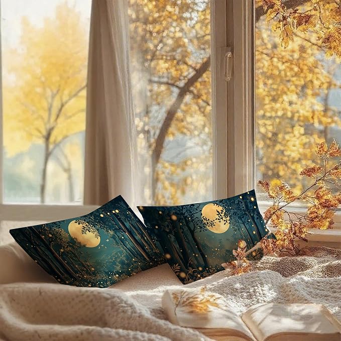 Rustic William Morris Inspired Night Moon Forest Decor Pillow Covers 20x12 Set of 2,Vintage Black and Gold Landscape Nature Botanical Decorative Throw Pillow Covers for Home Bedroom Living Room