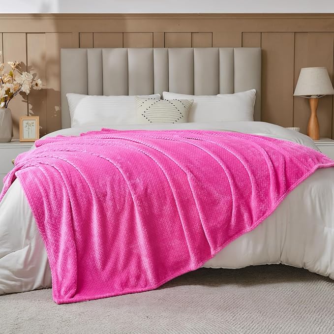 NEWCOSPLAY Fleece Leaves Pattern Queen Blanket, Hot Pink, 90"x90" | Super Soft Throw Blanket, Lightweight Cozy Bed Sofa Blanket, Premium Silky Flannel Fleece, Travel Blanket for All Season Use
