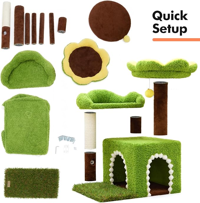 Sunflower Short Cat Tree with Cat Scratching Posts Small Cat Tower | Cat Condo,Cat Perch,Cat Bed 3-in-1 Cat Scratcher for Small Cats and Kittens