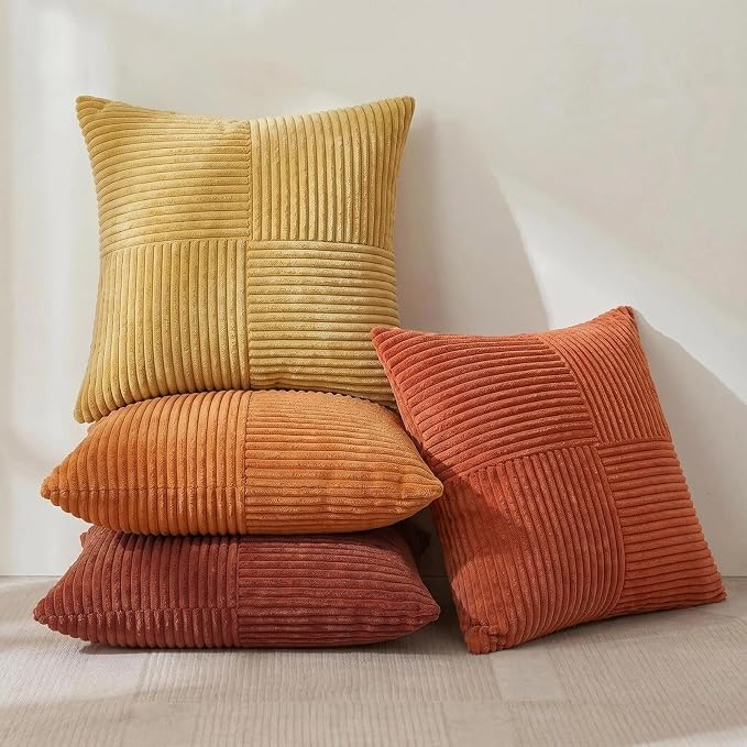 Fancy Homi Set of 4 Boho Fall Decorative Throw Pillow Covers 18x18 Inch for Couch Bed Sofa Bedroom, Modern Farmhouse Home Decor, Soft Cross Striped Corduroy Patchwork Colorful Cushion Case 45x45cm