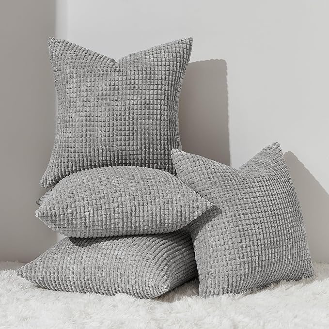 Topfinel 4 Packs Decorative 20x20 Inch Grey Throw Pillow Covers for Living Room Couch Bed, Rustic Modern Home Decor, Soft Corduroy Small Bulge Accent Square Cushion Case 50x50 cm(Light Grey)