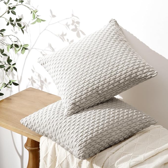 Softalker Corduroy Decorative Throw Pillow Covers 16x16, Set of 2, Grey | Soft Boho Striped Pillow Cases, Couch Fluffy Cushion Covers for Farmhouse Home Decor Bed Living Room