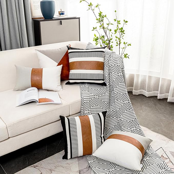 Pack of 2 Farmhouse Throw Pillow Covers for Couch Sofa Decorative Faux Leather Square Cushion Cover Tribal Stripe Accent Pillow Case 18 x 18 Inch,Black