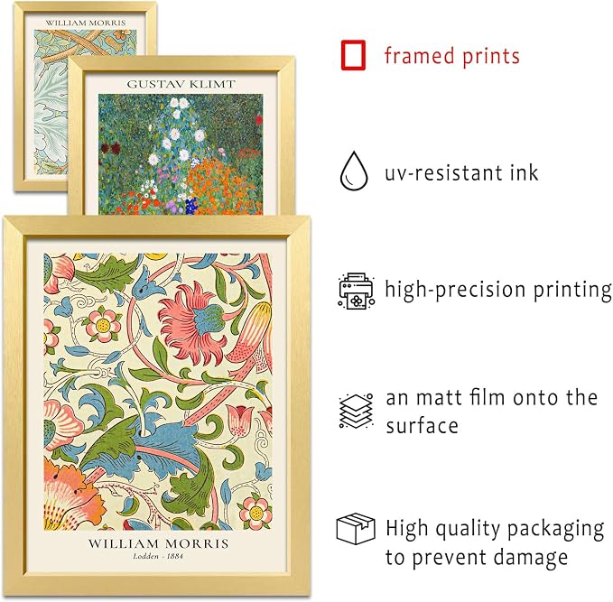 ANERZA 16 PCS Gold Framed Vintage Eclectic Wall Art Decor, William Morris Wall Prints for Bedroom, Gallery Wall Frame Set, Posters for Living Room Aesthetic, Collage Kit, Colorful Dorm Home Artwork