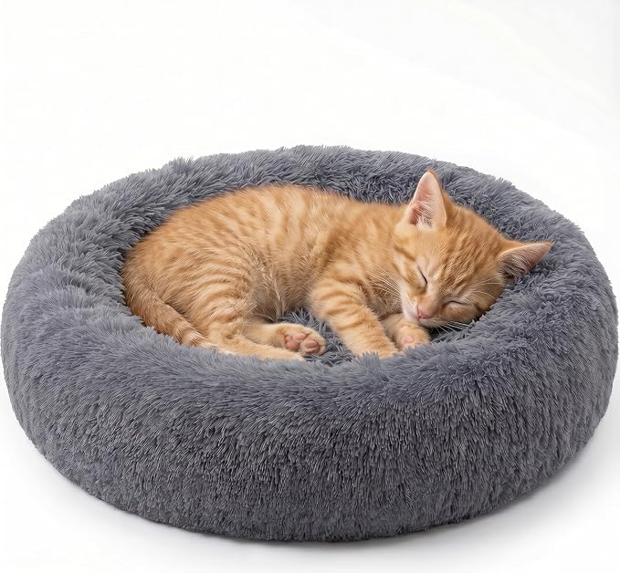 SAVFOX 20 inches Calming Donut Dog Bed - 3X Durable Plush Faux Fur, Machine Washable & Non-Slip, Fits up to 15 lbs, Dark Grey