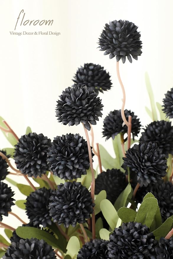 5pcs Black Faux Silk Mums Artificial Flowers, Bulk Fake Small Mini Chrysanthemums with Stems for DIY Wedding Centerpieces Floral Arrangements Vase Fillers Home Decorations