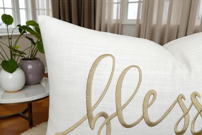 EURASIA DECOR Blessed Embroidered Lumbar Pillow Cover 12x20, Ivory | Raised muted gold script on ivory; scripture faith gift, cotton, hidden zip, solid back, cover only