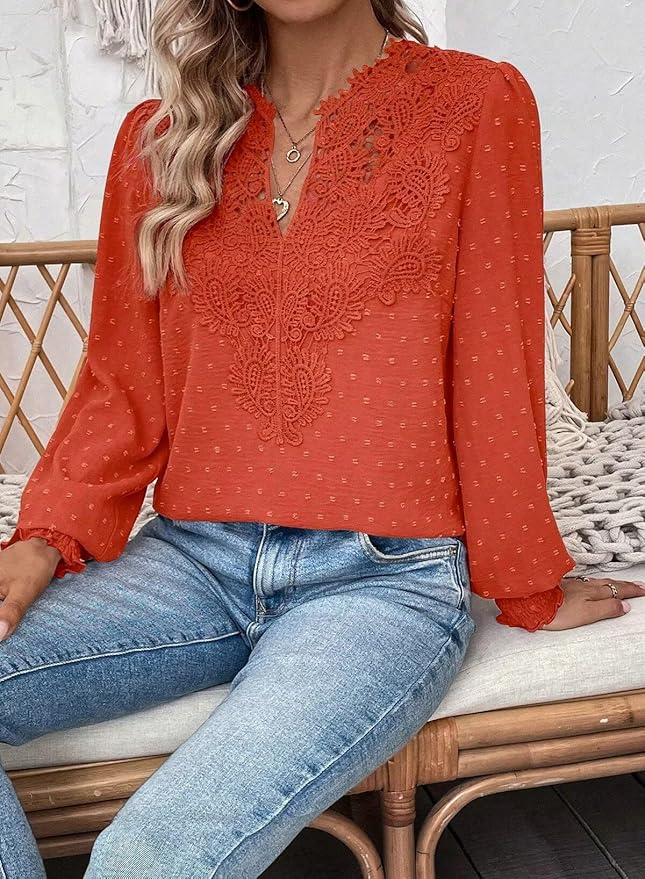 Womens Tops Swiss Dot Boho Long Sleeve Shirts V Neck Casual Chiffon Blouses Flowy Lace Hem Cute Clothing Trendy 2026