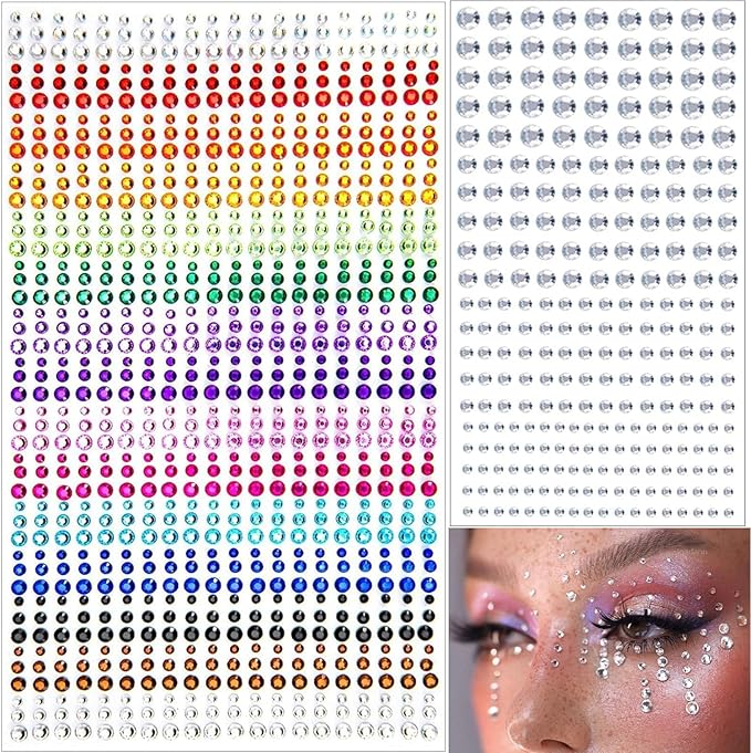 1345 Pcs Eye Face Rainbow Rhinestone Stickers Acrylic Self Adhesive Gems Jewels Crystal Stick on for Hair Nail Body DIY Makeup Festival Diamonds Accessories