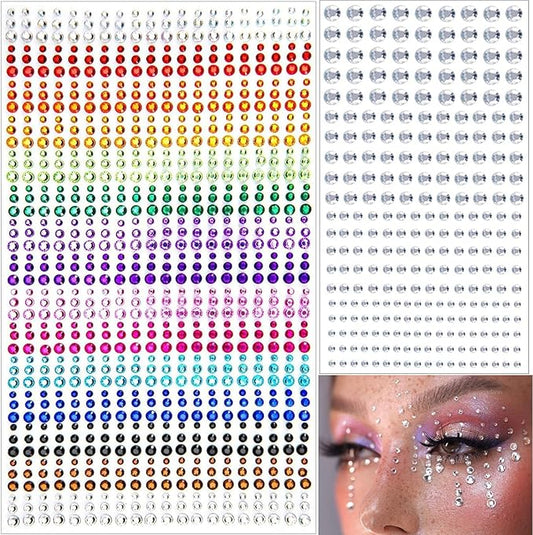 1345 Pcs Eye Face Rainbow Rhinestone Stickers Acrylic Self Adhesive Gems Jewels Crystal Stick on for Hair Nail Body DIY Makeup Festival Diamonds Accessories