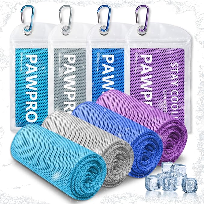 PAWPRO 4 Packs Cooling Towels for Neck and Face, Soft Breathable Gym Towels with Waterproof Bag & Carabiner, Multi-Colored Sweat Towels for Gym, Running, Yoga (Light Blue/Royal Blue/Purple/Grey)