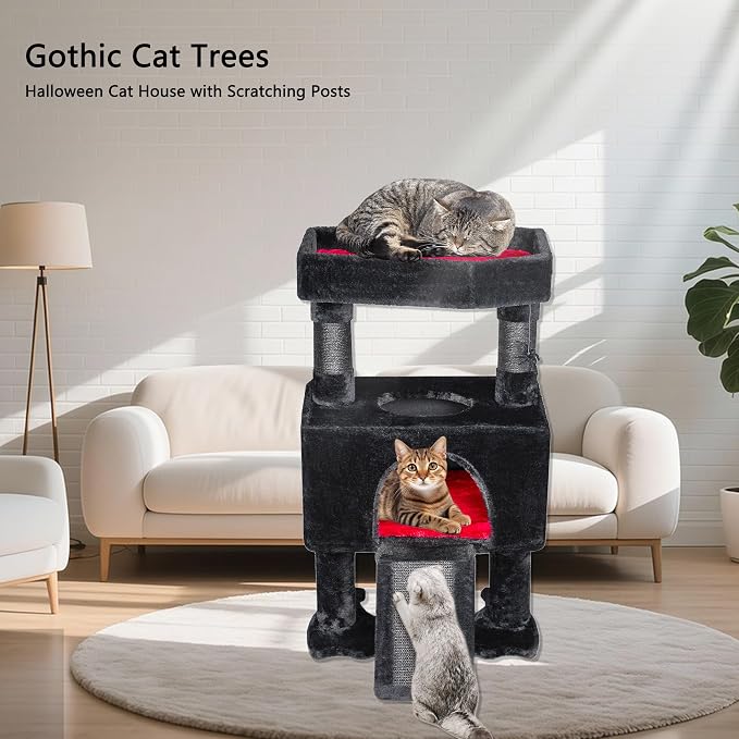 BEWISHOME Cat Tree Tower for Indoor Cats, Gothic Cat Trees with Coffin Bed | Goth Cat Tree/Condo/House with Scratching Posts, Cat Shelves with Spider Toy, Pet Play Activity Center Black with Red MMJ95R