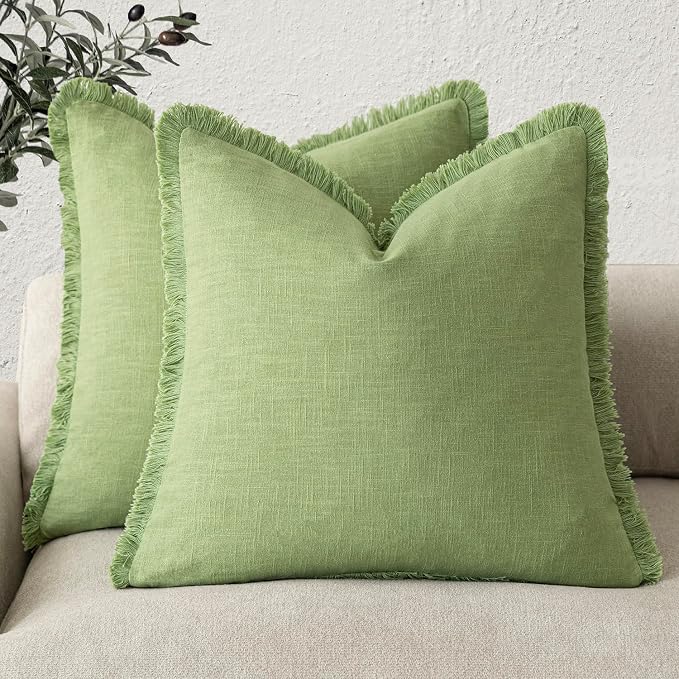 Foindtower Set of 2 Decorative Linen Fringe Throw Pillow Covers Cozy Boho Farmhouse Cushion Cover with Tassels Soft Accent Pillowcase for Couch Sofa Bed Living Room Home Decor,24×24 Inch,Lime Green