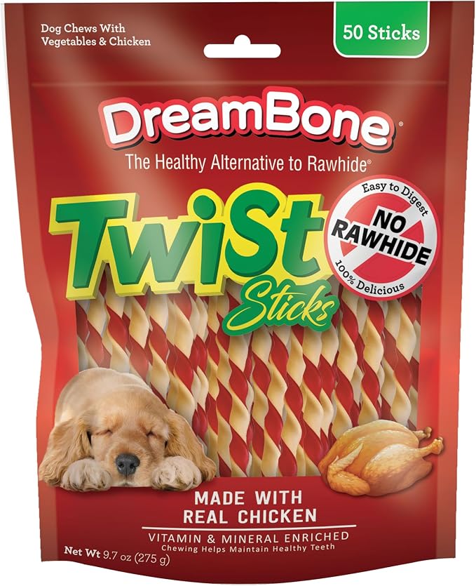 DreamBone Twist Sticks, Made with Real Chicken, Rawhide-Free Chews for Dogs, 50 Count (3 Pack) | Daily Chew, Digests Safely and Completely, Made With Real Chicken and Veggies, For Adult Dogs