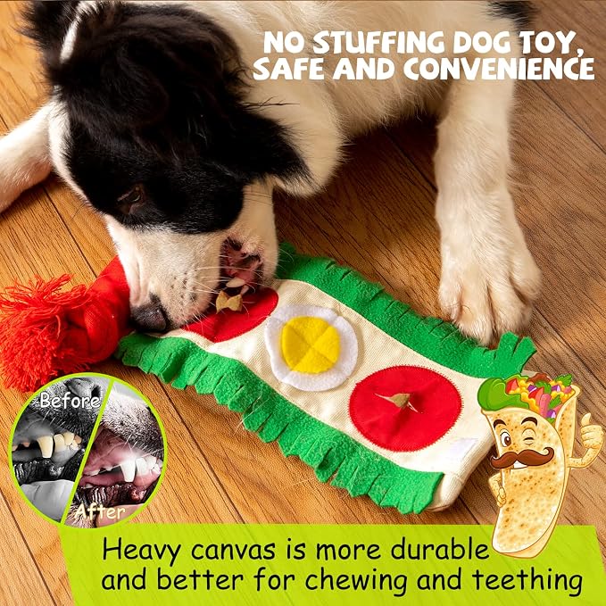 lilfrd Burrito Snuffle Mat Dog Toy, Squeaky Crinkle Rope Puzzle Taco Toy
