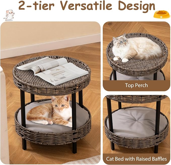 Tangkula 2-Tier Rattan Cat Nest, Wicker Kitten Condo with Removable Padded Cushion, Raised Cat Bed for Small Animals, Indoor & Outdoor Elevated Pet Shelter for Home, Deck, Balcony
