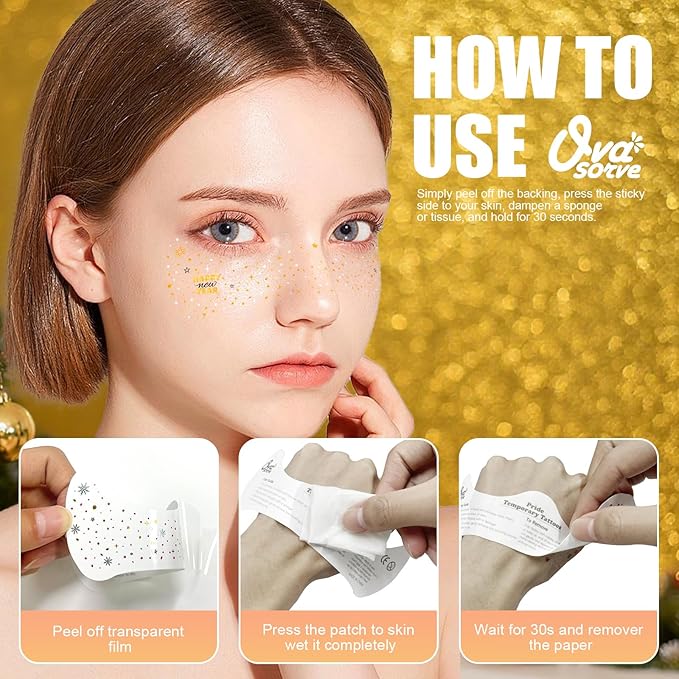 Happy New Year Freckles Face Tattoo - Glittering Stars & Fireworks in Metallic Gold & Silver | Waterproof Facial Gems for NYE Makeup, Festival Celebration & New Years Eve Party Supplies 2026