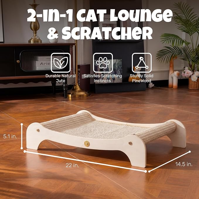 Cat Scratcher Bed for Indoor Cats, Large Wooden Hammock with Natural Jute Pad, 2-in-1 Scratcher Lounge Chair to Protect Furniture (Large)
