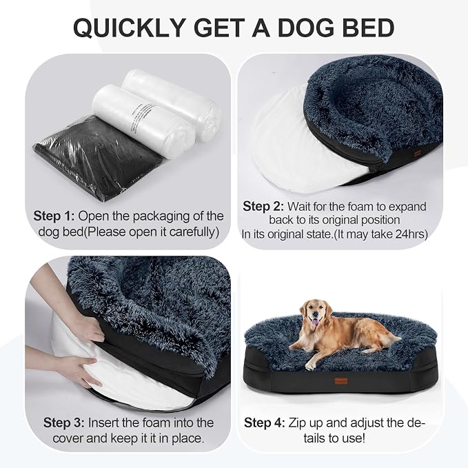 iweepet Fluffy Orthopedic Dog Beds for Large & Extra Large Dogs, 41" Calming Dog Sofa Bed with Supportive 28D Egg-Crate Foam, Removable Washable Cover, Waterproof Lining, for Puppy,Senior,Sick