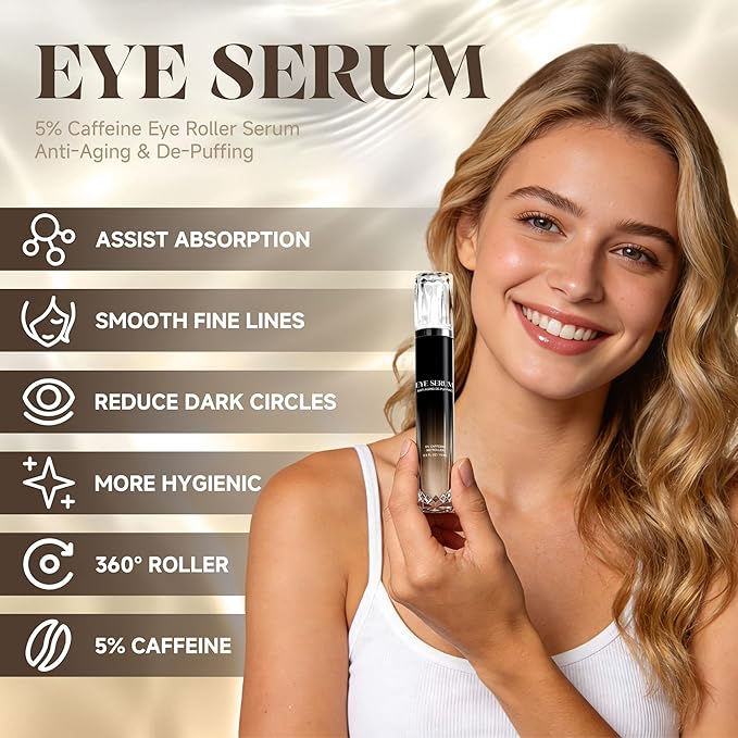 Eye Cream with 360° Roller, Anti Aging Treatment for Wrinkles & Fine Lines, Caffeine Under Eye Serum for Dark Circles & Puffiness, Retinol Peptides, 0.5 fl oz