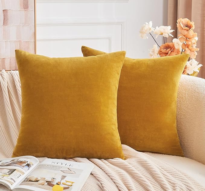 Throw Pillow Covers Mustard Yellow Set of 2 22x22 Inch Fall Pillow Covers, Soft Velvet Farmhouse Neutral Decorative Pillowcases for Couch Sofa Bed, Home Boho Decor, Modern Cushion Covers