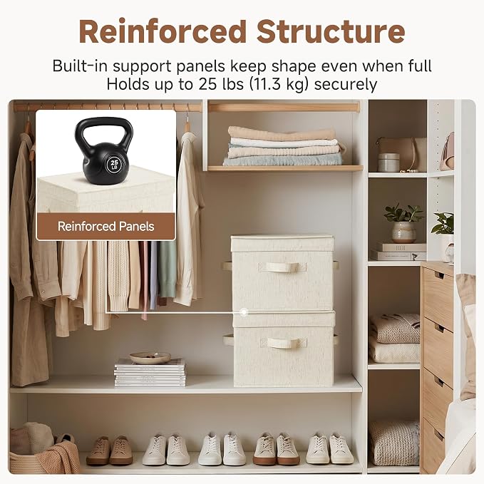 StorageWorks Fabric Storage Bins with Lids, Large Closet Storage Bins | Flip-Top Lid, 3 Handles, Collapsible, Stackable, for Clothes Blankets, Multi-Purpose, Medium, Rustic Linen, 2-Pack