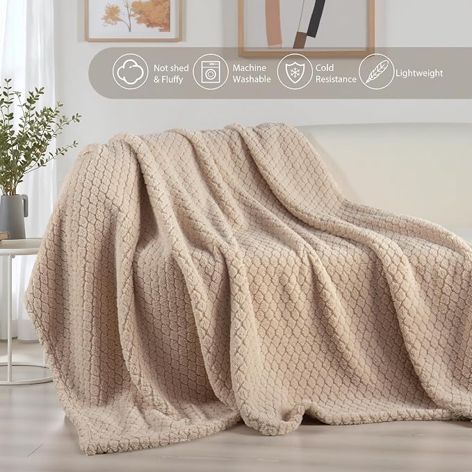 Exclusivo Mezcla Soft Fleece Twin Size Blanket for Bed, Camel | Jacquard Lightweight Cozy Bed Blanket, Breathable Decorative Fuzzy Textured All Season Use, 60x80 Inches
