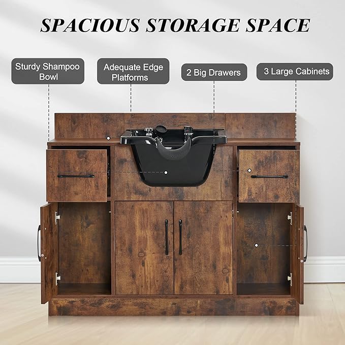 BarberPub Multi-Functional Shampoo Backwash Sink Station, Beauty Salon Cabinet with Faucet Sprayer, Barber Shop Storage Equipment 45.3" x 14.1'' x 36.4" 7139 (Rust Brown)