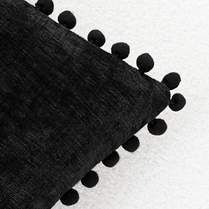 CaliTime Decorative Couch Throw Pillow Covers 18 X 18 Inches Black | Pack of 2, Cozy Chenille Cushion Cases, with Pom Poms for Sofa Bed Living Room Farmhouse Home